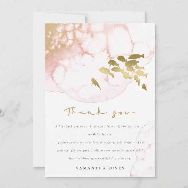 Chic Gold Blush Pink Underwater Fish Baby Shower Thank You Card (Front)