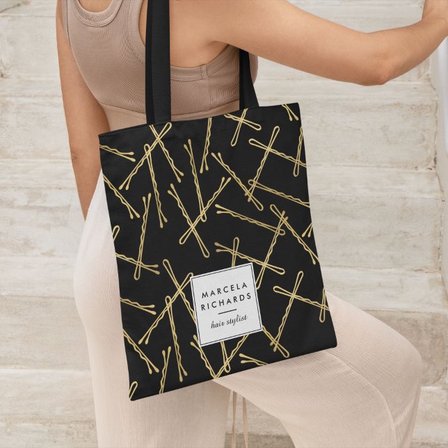 Chic Gold Bobby Pins Black Personalized Tote Bag (Creator Uploaded)