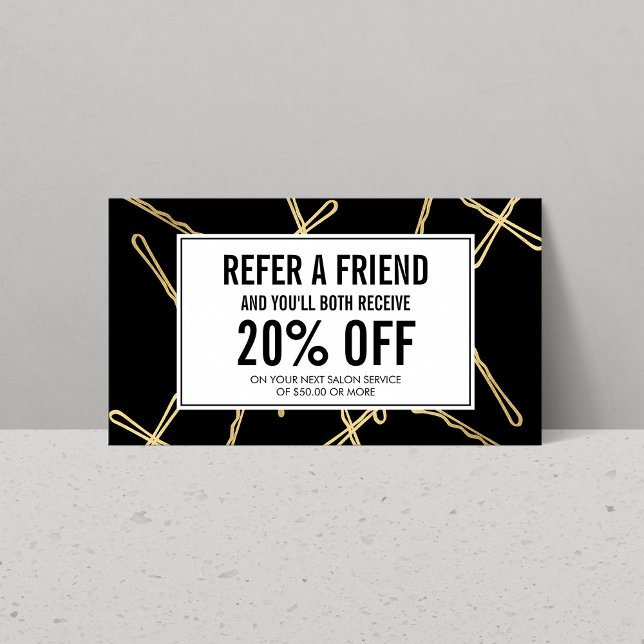Chic Gold Bobby Pins Hair Salon Black Referral Card (Creator Uploaded)