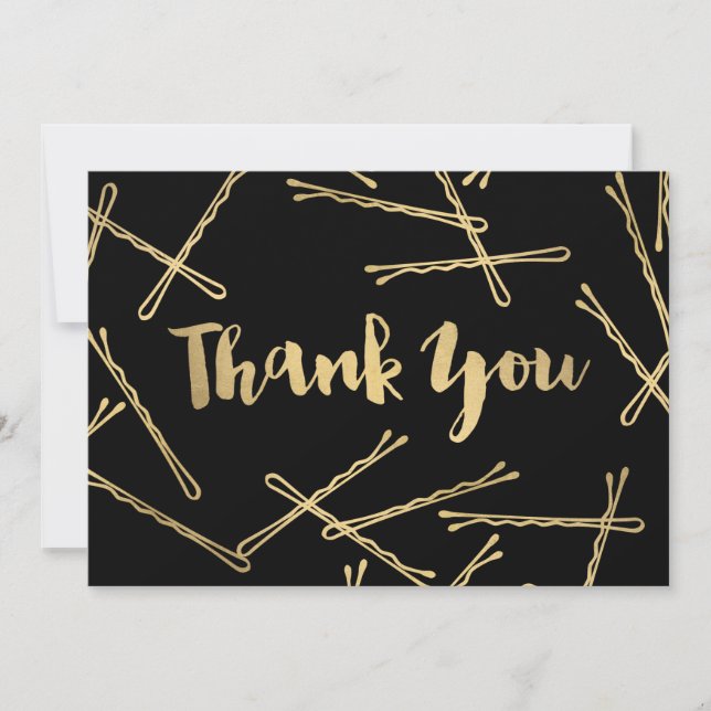 Chic Gold Bobby Pins Hair Salon Black Thank You Note Card (Front)