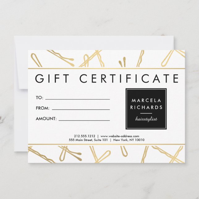Chic Gold Bobby Pins Hair Stylist Gift Certificate (Front)