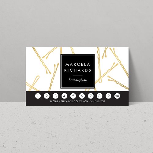 Chic Gold Bobby Pins Hair Stylist Loyalty Card