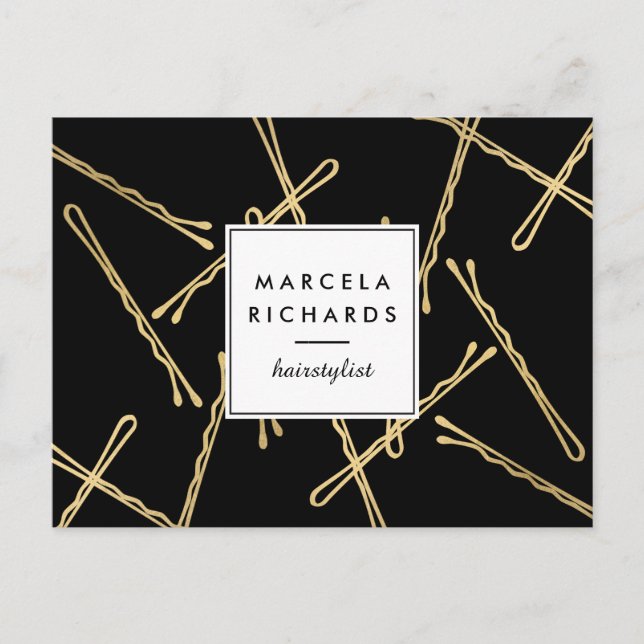 Chic Gold Bobby Pins Hair Stylist Salon Black Postcard (Front)