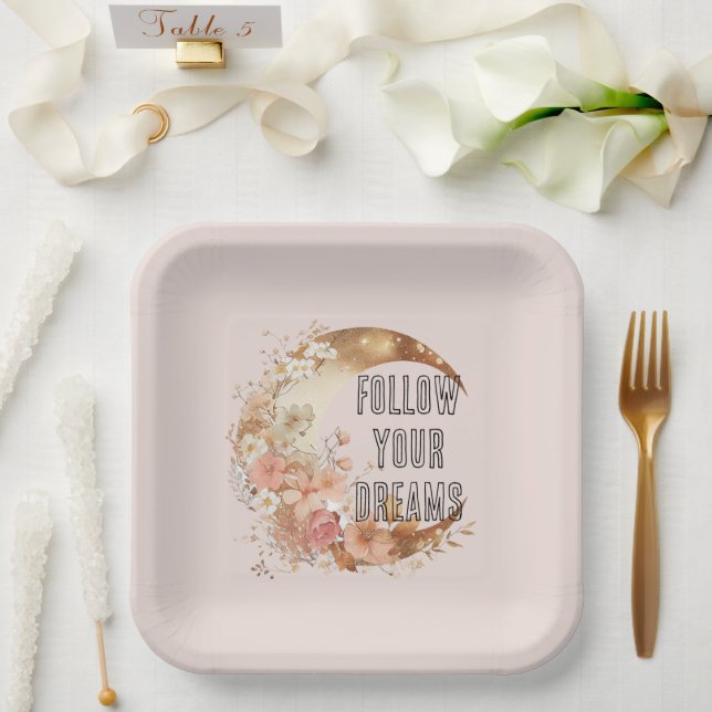 Chic Gold Boho Blush Pink Floral Birthday Paper Plates (Wedding)