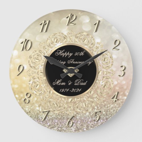 Chic Gold  Bokeh 50th Wedding Anniversary Large Clock