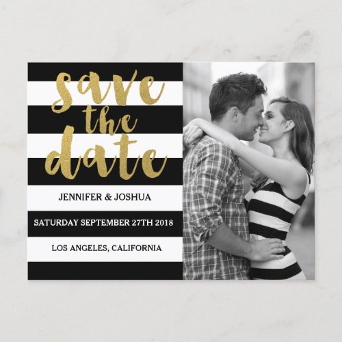 Chic Gold  Bold Black Stripe Photo Save the Date Announcement Postcard