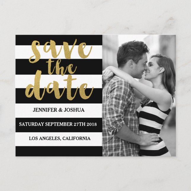 Chic Gold | Bold Black Stripe Photo Save the Date Announcement Postcard (Front)