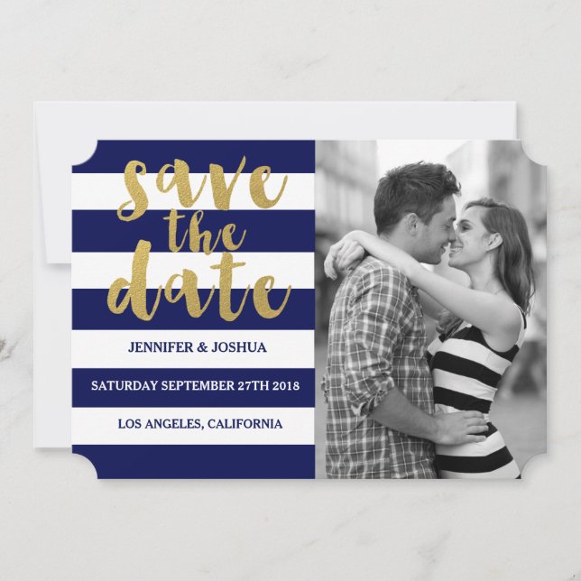 Chic Gold | Bold Blue Stripe Photo Save the Date (Front)