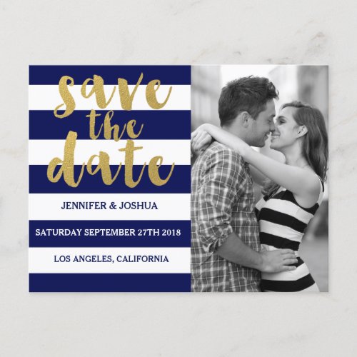 Chic Gold  Bold Blue Stripe Photo Save the Date Announcement Postcard