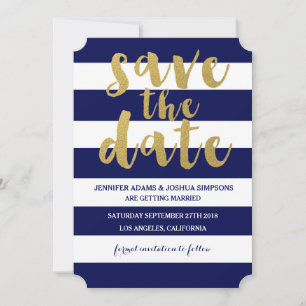 Chic Gold Bold Blue Stripe Save the Date Invitation