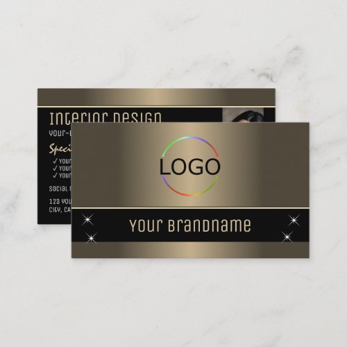 Chic Gold Brown Black Stylish with Logo and Photo Business Card