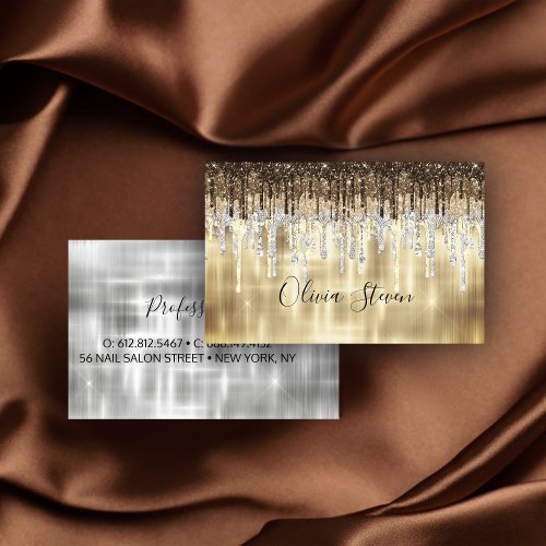 Chic gold brown drippings glitter monogram business card