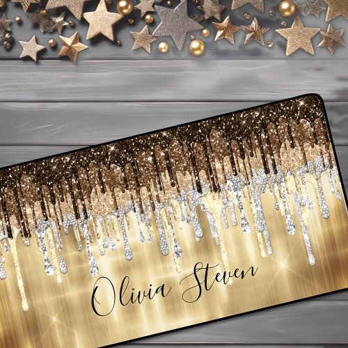 Chic gold brown drippings glitter monogram desk mat