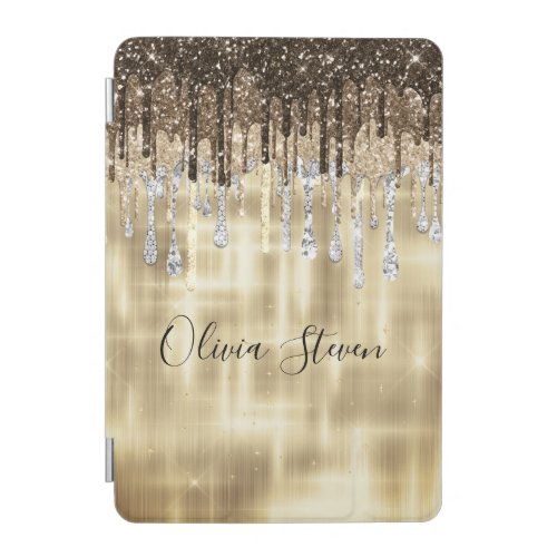 Chic gold brown drippings glitter monogram iPad mini cover