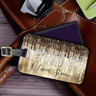 Chic gold brown drippings glitter monogram luggage tag