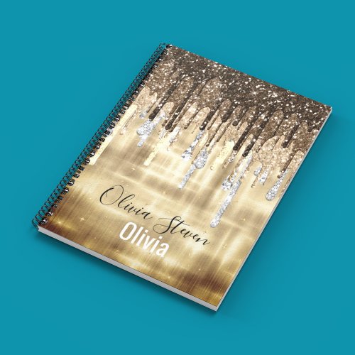 Chic gold brown drippings glitter monogram noteboo notebook