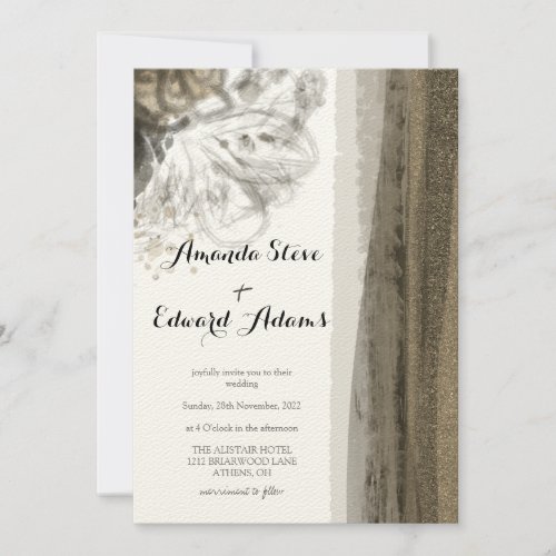 Chic Gold Brown Floral Beige Abstract Wedding Invitation