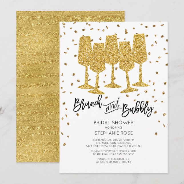 Chic Gold Brunch & Bubbly Bridal Shower Invitation (Front/Back)
