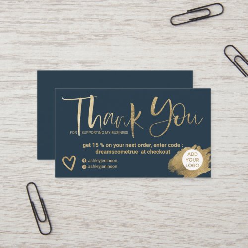 Chic gold brush font blue chic order thank you business card