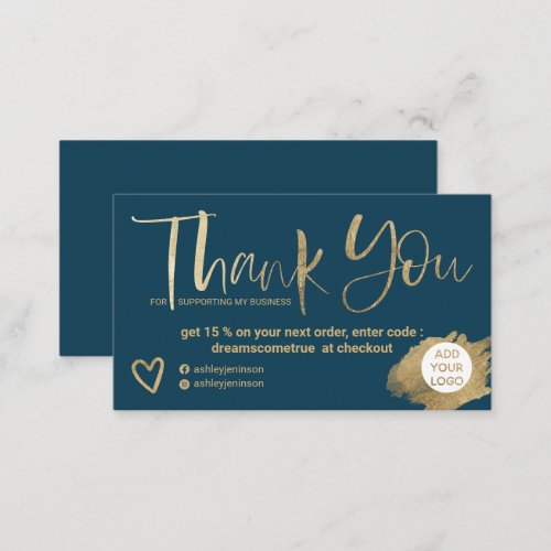 Chic gold brush font navy blue order thank you business card