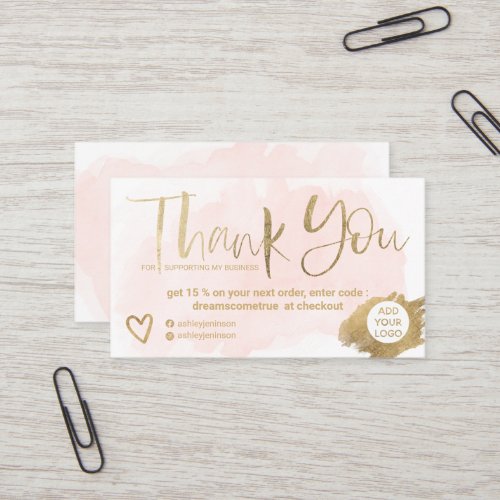 Chic gold brush font pink brush order thank you business card