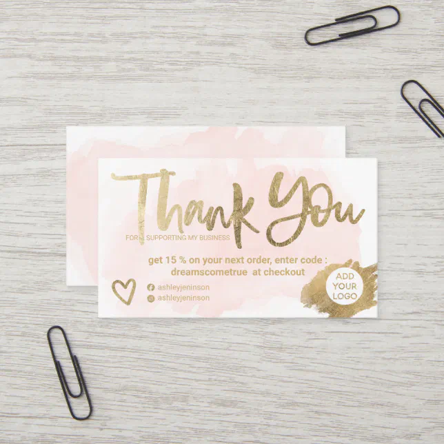 Chic gold brush font pink brush order thank you business card | Zazzle