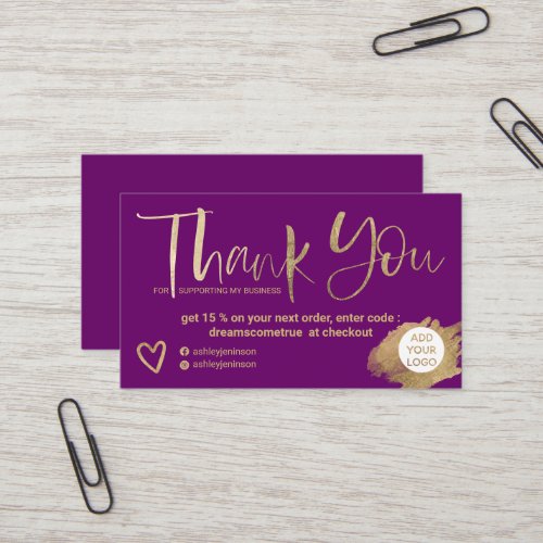 Chic gold brush font purple chic order thank you business card