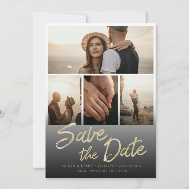 Chic Gold Brush Script Hand Lettering with Photos Save The Date (Front)