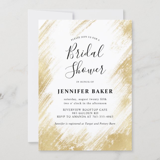 Chic Gold Brush Stroke Bridal Shower Invitation (Front)
