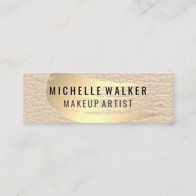 Chic Gold Brush Stroke | Chic Leather Background Mini Business Card (Front)