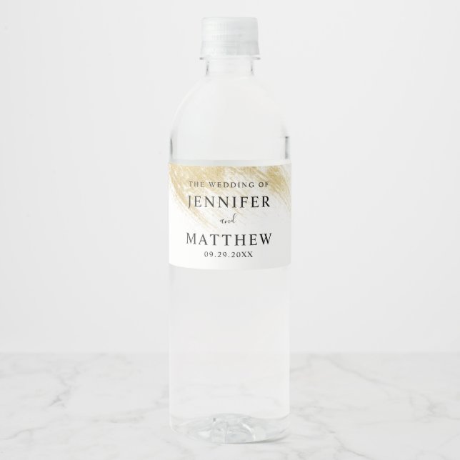Chic Gold Brush Stroke Wedding Water Bottle Label (Front)