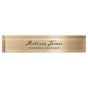Chic Gold Brushed Metal Modern Black Script Desk Name Plate