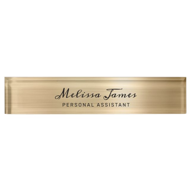 Chic Gold Brushed Metal Modern Black Script Desk Name Plate (Front)
