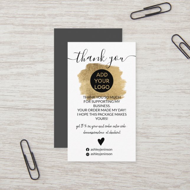 Chic gold brushstroke logo order thank you business card (Front/Back In Situ)