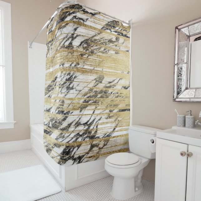 Chic Gold Brushstrokes on Black White Marble Shower Curtain (In Situ)