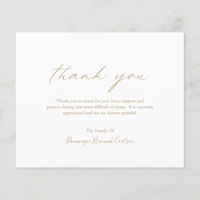 Chic Gold Budget Funeral Thank You Card (Front)