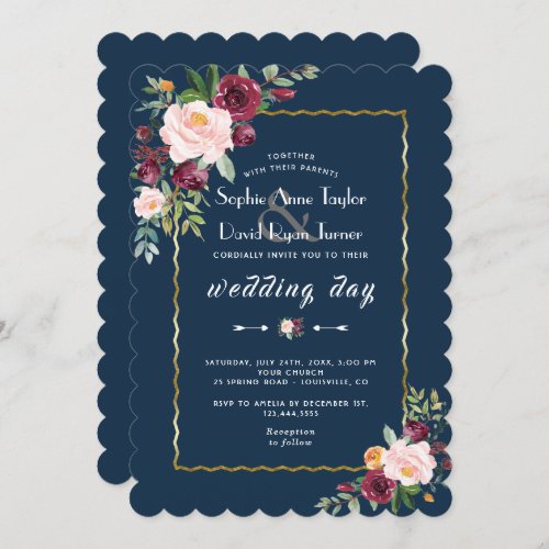 Chic Gold Burgundy Blush Floral Blue Wedding Invitation