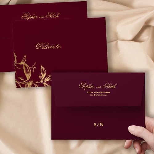 Chic gold burgundy monogrammed botanical wedding envelope