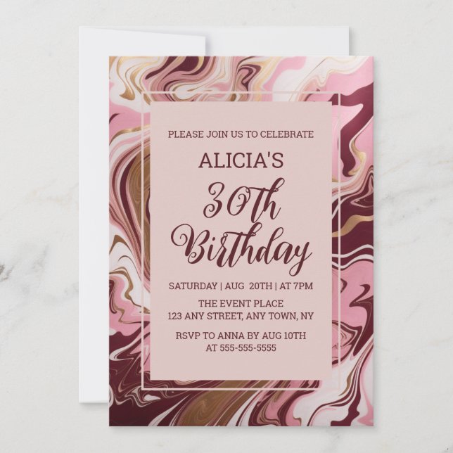 Chic Gold Burgundy Pink Marble Fluid 30th Birthday Invitation (Front)