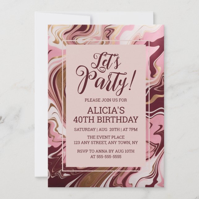 Chic Gold Burgundy Pink Marble Fluid Birthday Invitation (Front)