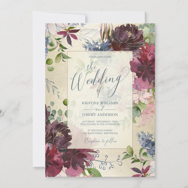 Chic Gold Burgundy Rose Watercolor Floral Wedding Invitation (Front)