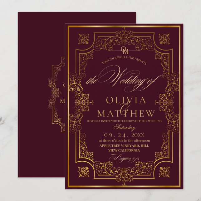 Chic Gold Burgundy Script Wedding Invitation (Front/Back)