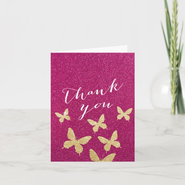 Chic Gold Butterflies Pink Glitter Thank You Cards (Front)