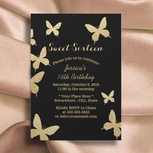 Chic Gold Butterflies Sweet 16 Invitations 5" X 7" Invitation Card