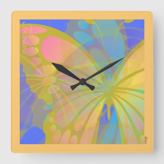Chic Gold Butterfly Bleu Peach Square Wall Clock (Front)