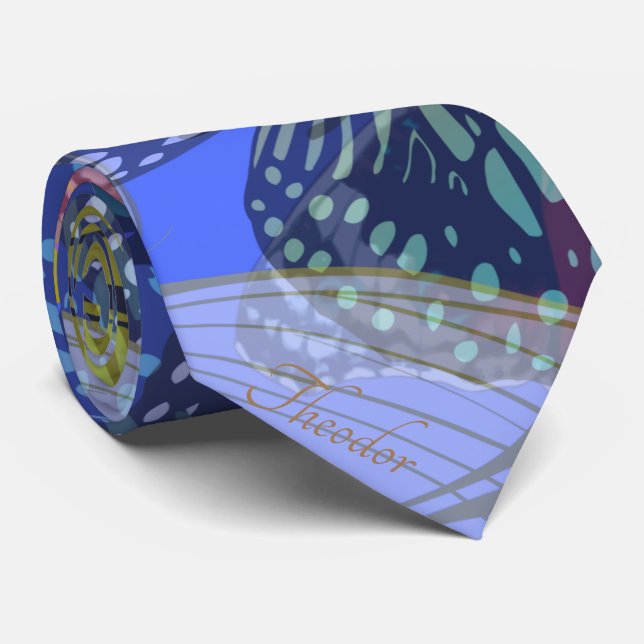 Chic Gold Butterfly Bleu Yellow Pattern Neck Tie (Rolled)