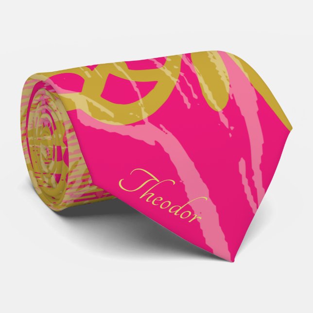 Chic Gold Butterfly Fuchsia Neck Tie (Rolled)