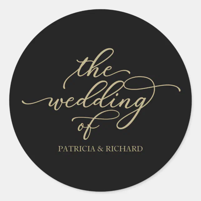 Chic Gold Calligraphy Black Wedding Classic Round Sticker | Zazzle