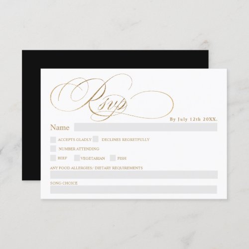 Chic gold calligraphy chic rsvp wedding invitation - Chic and elegant script chic faux gold foil script wedding rsvp with food choices, allergies, dietary requirements and song choice.