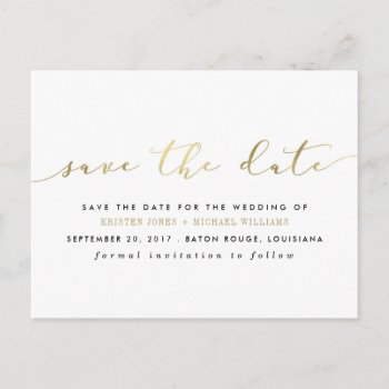 Chic Gold Calligraphy Save The Date Announcement Postcard by fancypaperie at Zazzle